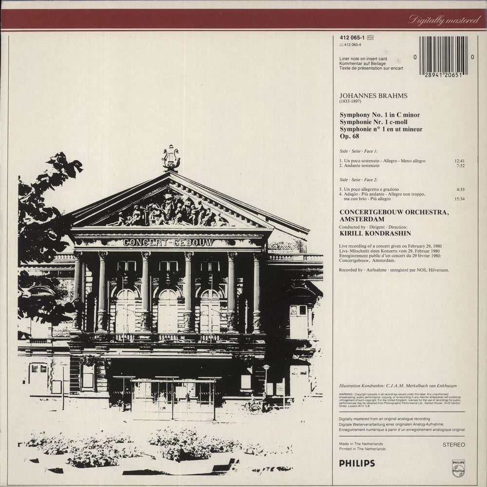 Johannes Brahms Brahms: Symphony No 1 Dutch vinyl LP album (LP record) 028941206510