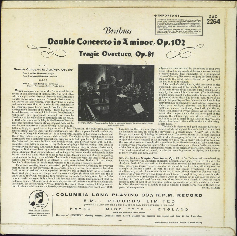 Johannes Brahms Double Concerto In A Minor, Op. 102, Tragic Overture, Op. 81 - 3rd UK vinyl LP album (LP record)