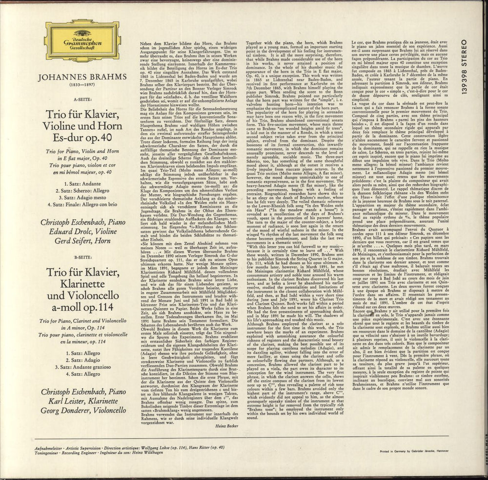 Johannes Brahms Horn Trio, Op. 40 & Clarinet Trio, Op. 114 German vinyl LP album (LP record) 028941011411