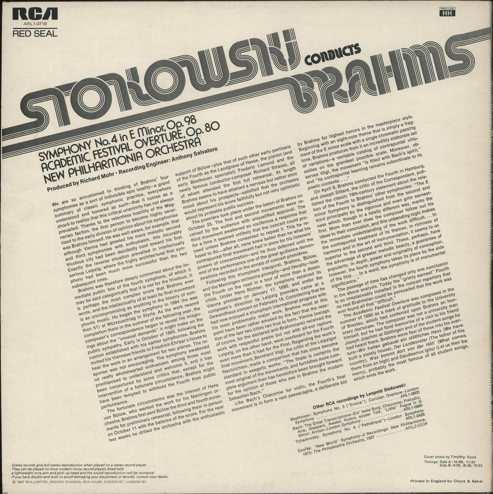 Johannes Brahms Stokowski Conducts Brahms - Symphony No. 4 & Academic Festival Overture UK vinyl LP album (LP record)