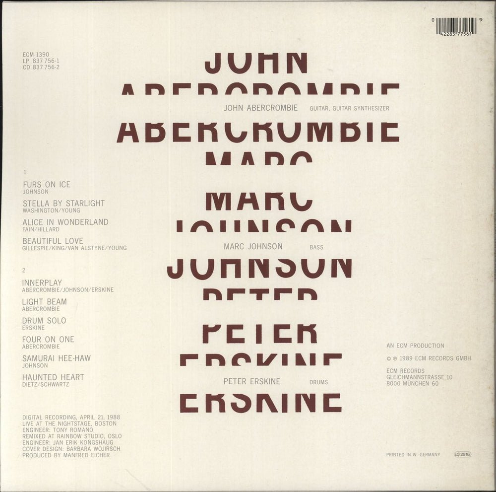 John Abercrombie John Abercrombie, Marc Johnson, Peter Erskine German vinyl LP album (LP record) 042283775619