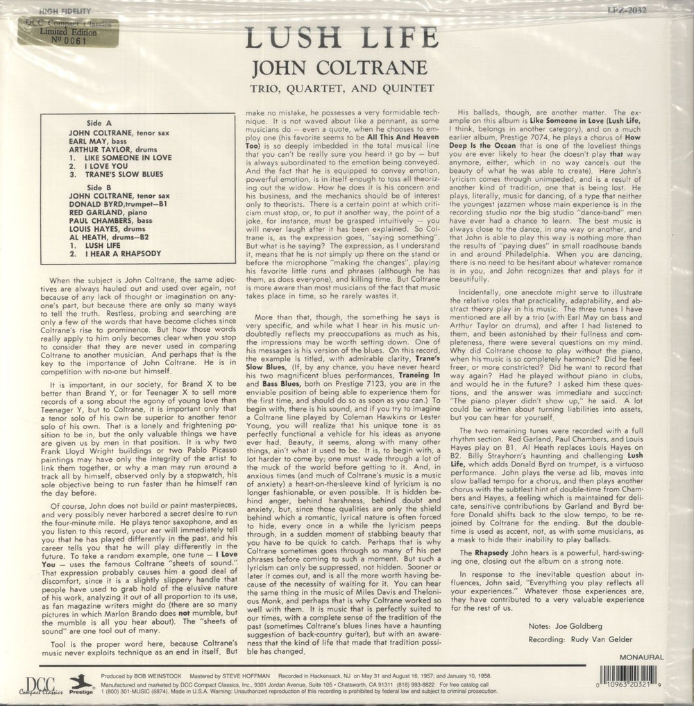 John Coltrane Lush Life - DCC - Sealed US vinyl LP album (LP record) 010963203219