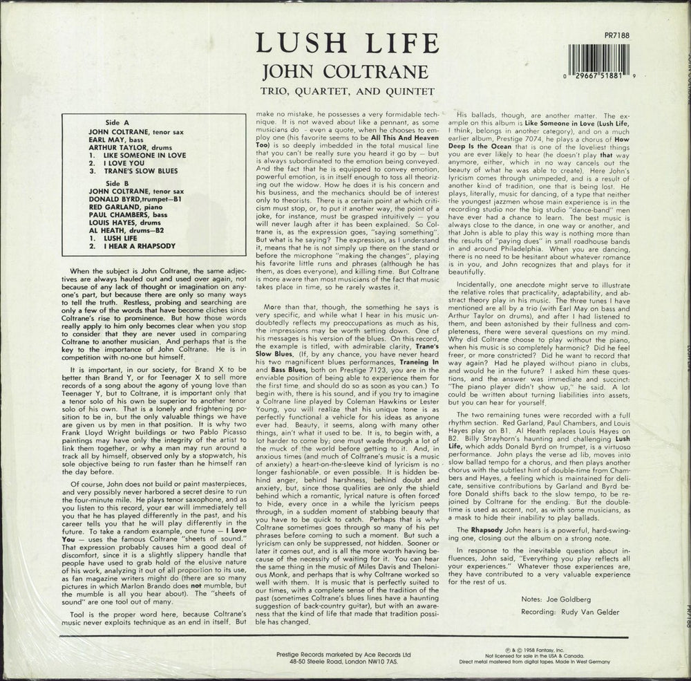 John Coltrane Lush Life German vinyl LP album (LP record)