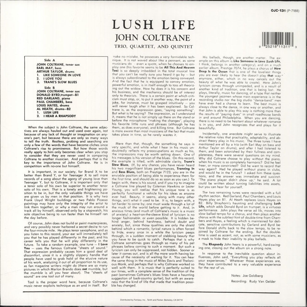 John Coltrane Lush Life US vinyl LP album (LP record) 090204027378