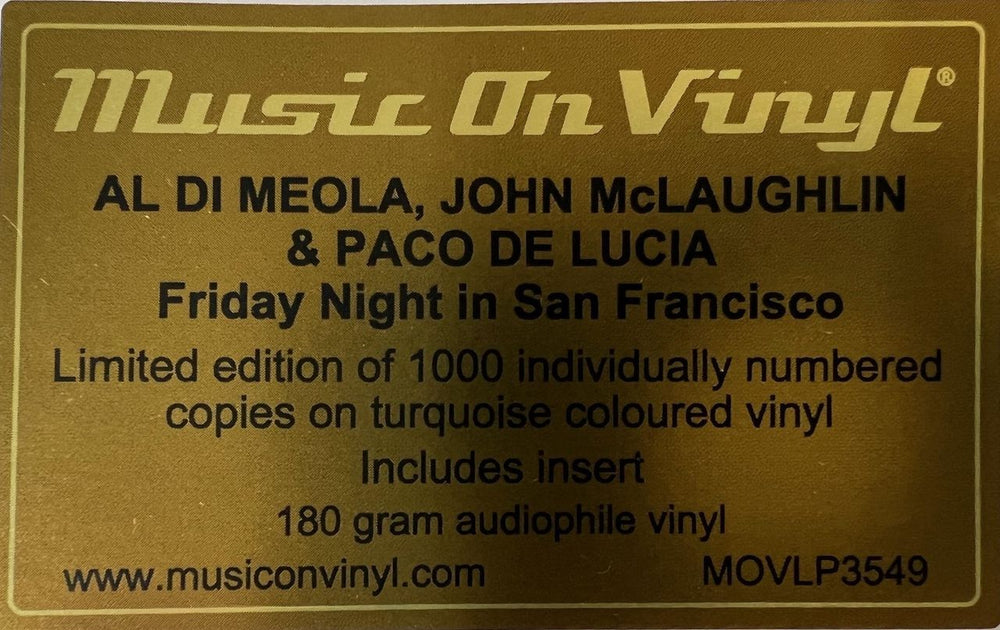 John McLaughlin, Al DiMeola & Paco De Lucia Friday Night In San Francisco - Turquoise Vinyl 180 Gram UK vinyl LP album (LP record) 8719262031555
