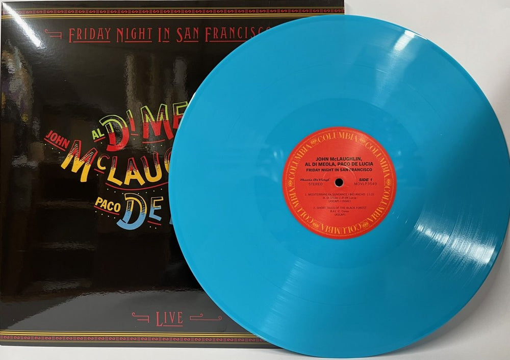 John McLaughlin, Al DiMeola & Paco De Lucia Friday Night In San Francisco - Turquoise Vinyl 180 Gram UK vinyl LP album (LP record) LDMLPFR827470
