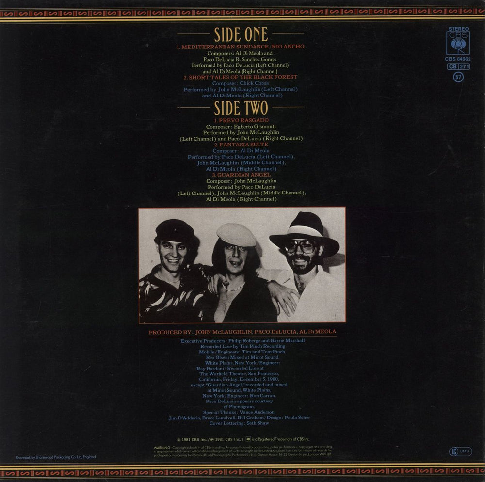 John McLaughlin, Al DiMeola & Paco De Lucia Friday Night In San Francisco UK vinyl LP album (LP record)