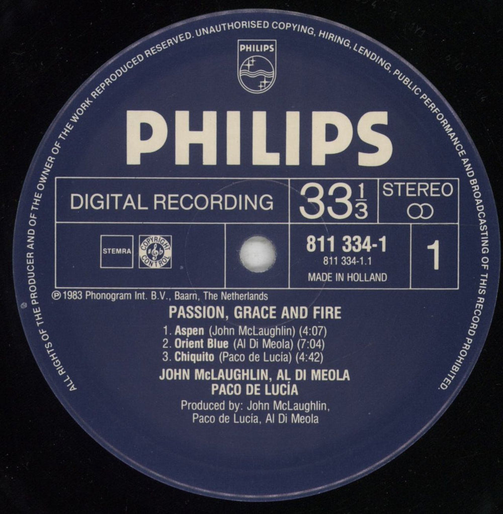 John McLaughlin, Al DiMeola & Paco De Lucia Passion, Grace & Fire Dutch vinyl LP album (LP record) LDMLPPA303292