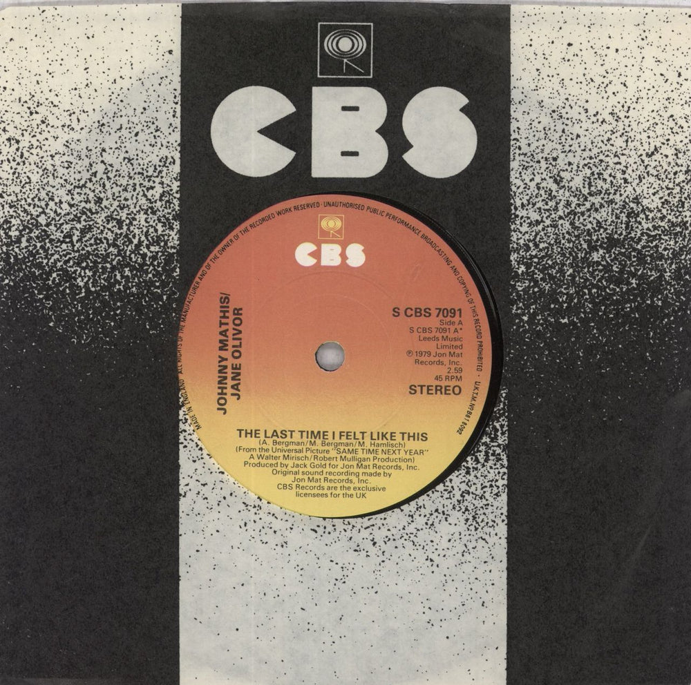 Johnny Mathis The Last Time I Felt Like This UK 7" vinyl single (7 inch record / 45) CBS7091