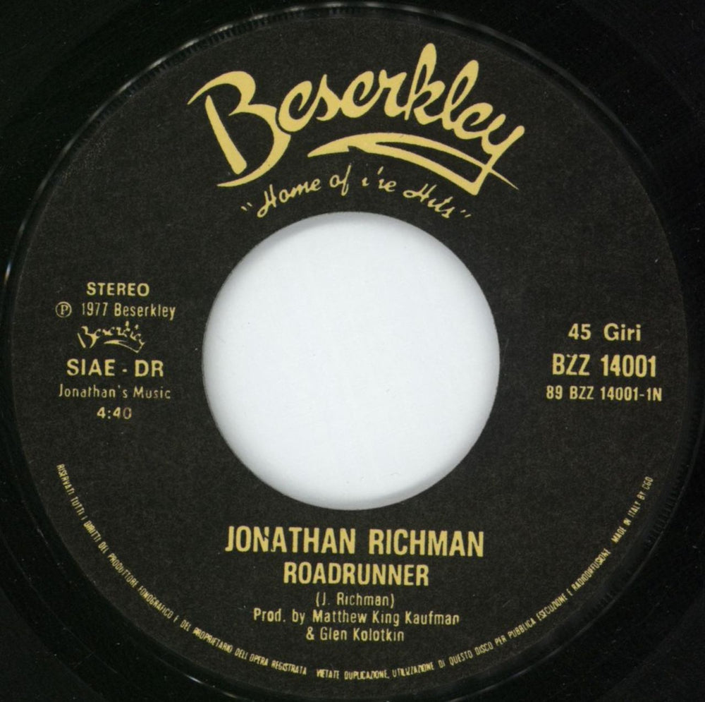 Jonathan Richman & The Modern Lovers Roadrunner Once / Egyptian Reggae Italian 7" vinyl single (7 inch record / 45) JHR07RO865603