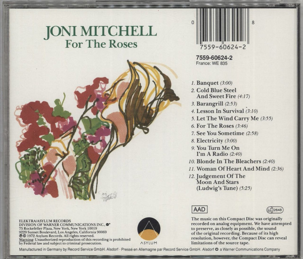 Joni Mitchell For The Roses German CD album (CDLP) 075596062428