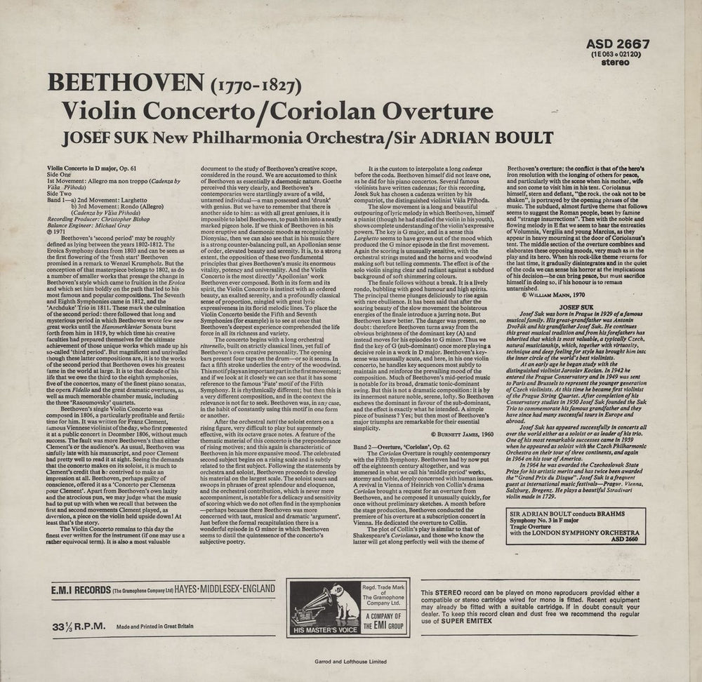 Josef Suk (1929-2011) Beethoven: Violin Concerto / Coriolan Overture - 3rd UK vinyl LP album (LP record)