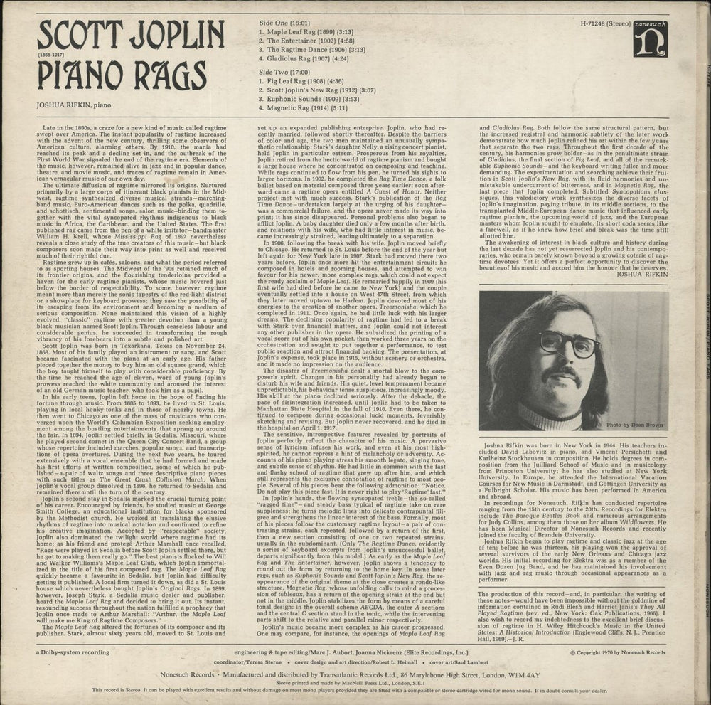Joshua Rifkin Piano Rags By Scott Joplin UK vinyl LP album (LP record)