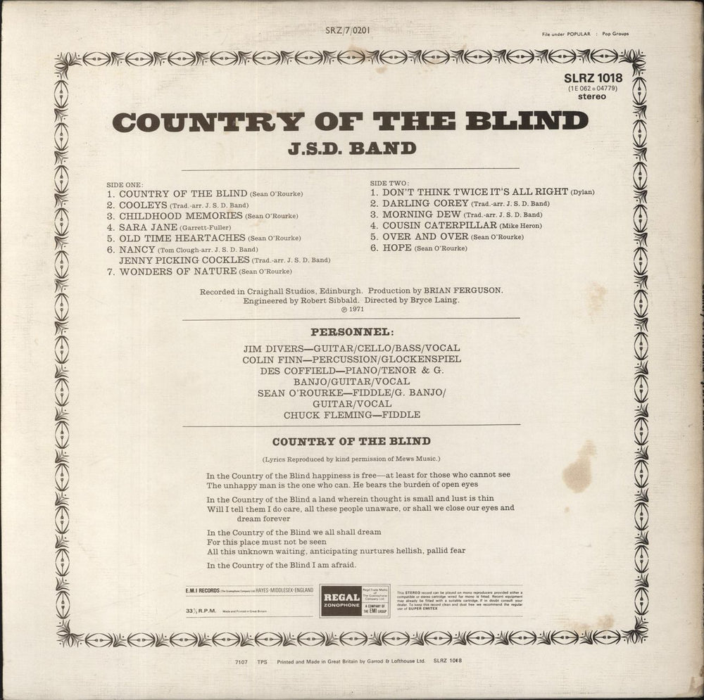 JSD Band Country Of The Blind UK vinyl LP album (LP record)