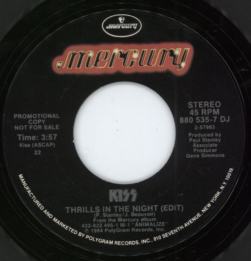 Kiss Thrills In The Night US Promo 7" vinyl single (7 inch record / 45) 880535-7DJ