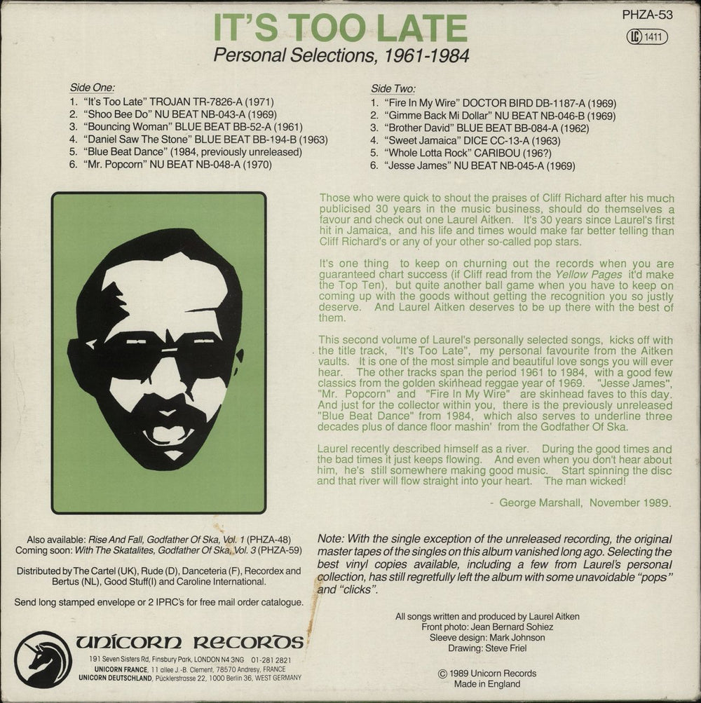 Laurel Aitken It's Too Late (The Legendary Godfather Of Ska, Vol.2) + Press Sheet UK vinyl LP album (LP record)