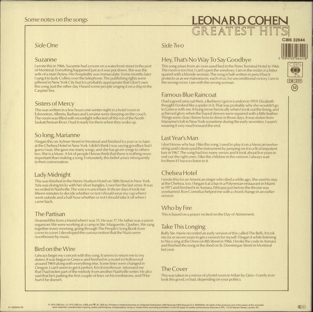 Leonard Cohen Greatest Hits Dutch vinyl LP album (LP record) 5099703264418