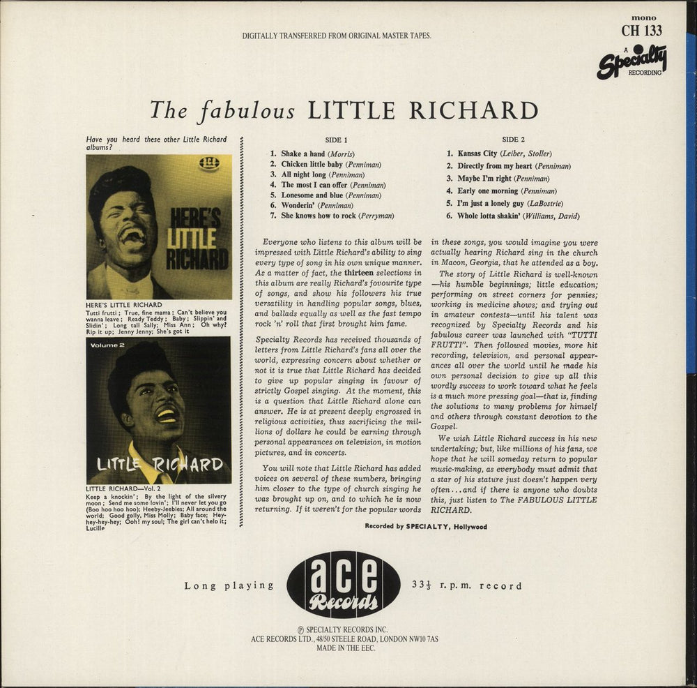 Little Richard The Fabulous Little Richard UK vinyl LP album (LP record)