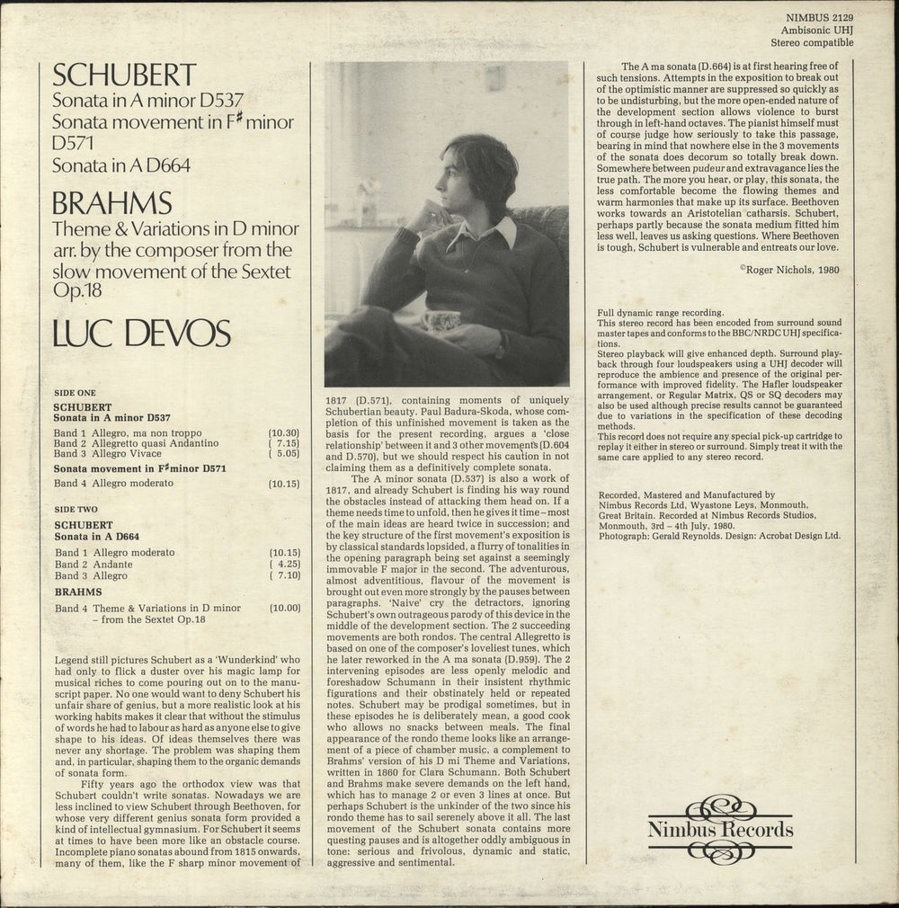 Luc Devos Schubert: Piano Sonatas / Brahms: Variations UK vinyl LP album (LP record)