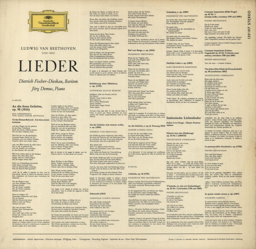 Ludwig Van Beethoven Beethoven: An Die Ferne Geliebte · Adelaide · Lieder German vinyl LP album (LP record)