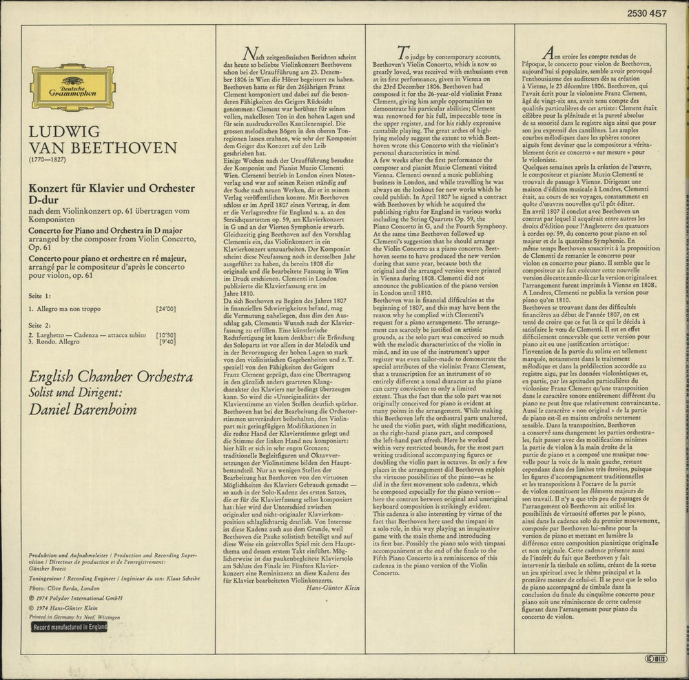 Ludwig Van Beethoven Beethoven: Piano Concerto In D Major - Arranged From The Violin Concerto Op. 61 UK vinyl LP album (LP record)