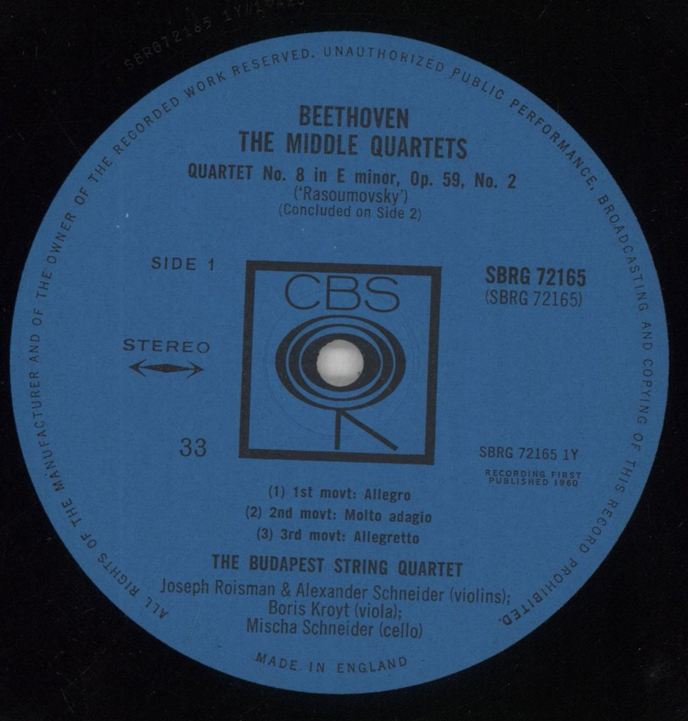 Ludwig Van Beethoven Beethoven: Quartet No. 8 In E Minor, Op. 59, No. 2 ("Rasoumovsky") / Quartet No. 11 In F Minor, Op. UK vinyl LP album (LP record) LVBLPBE861979