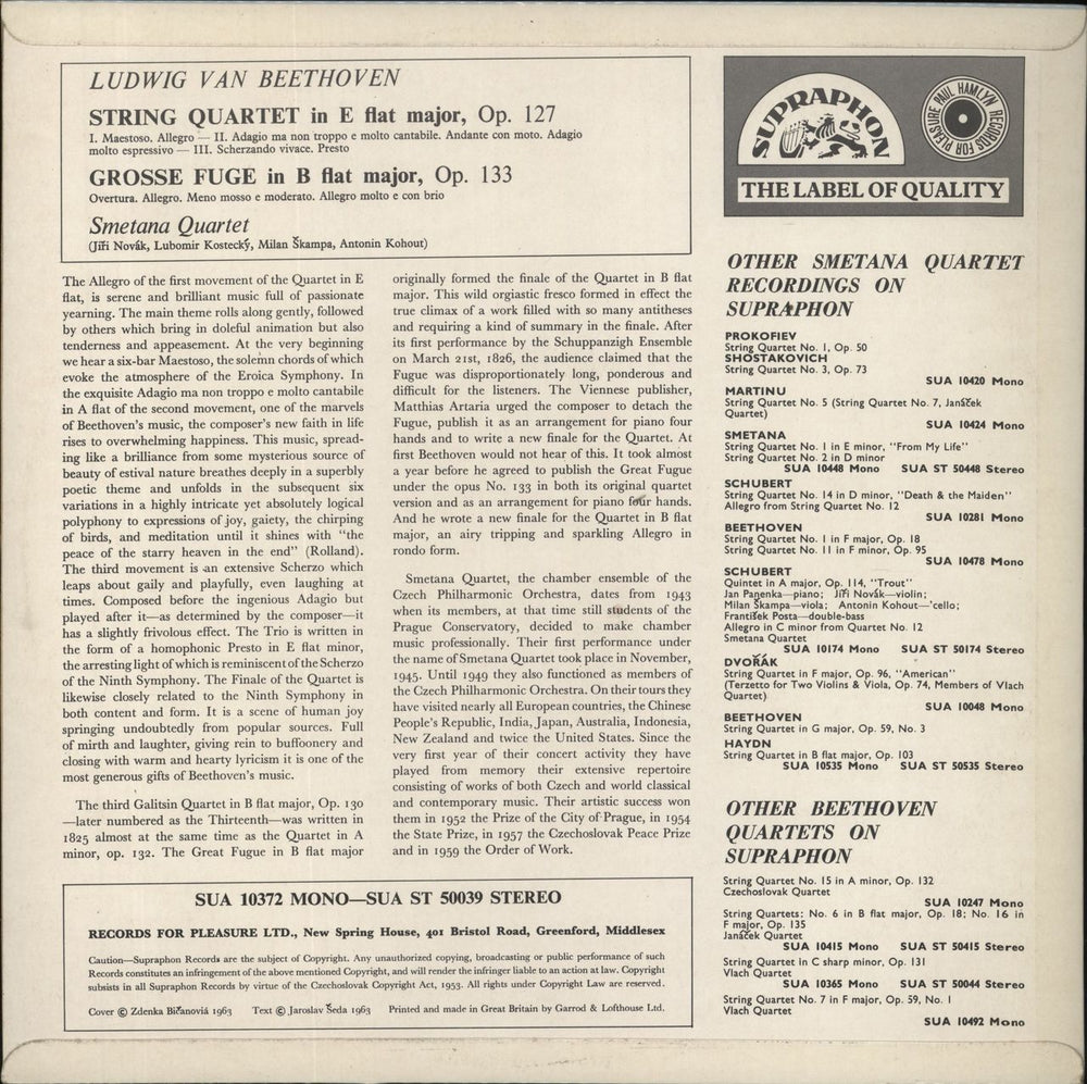 Ludwig Van Beethoven Beethoven: String Quartet In E Flat Major / Grosse Fuge In B Flat Major Czech vinyl LP album (LP record)