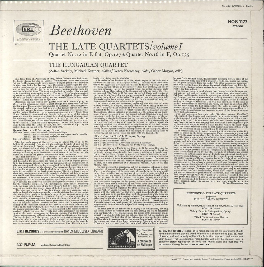 Ludwig Van Beethoven Beethoven: The Late Quartets Volume One: Op. 127 In E Flat; Op. 135 In F UK vinyl LP album (LP record)