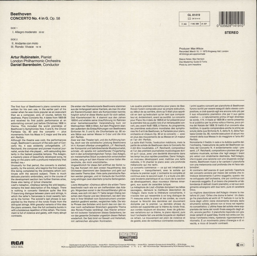 Ludwig Van Beethoven Concerto No. 4 in G, Op. 58 UK vinyl LP album (LP record) 035628141910