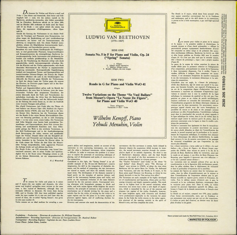 Ludwig Van Beethoven Spring Sonata Op. 24 · Rondo WoO 41 · 12 Variationen WoO 40 German vinyl LP album (LP record)