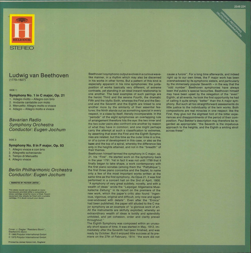 Ludwig Van Beethoven Symphonies No.1 and No.8 UK vinyl LP album (LP record)