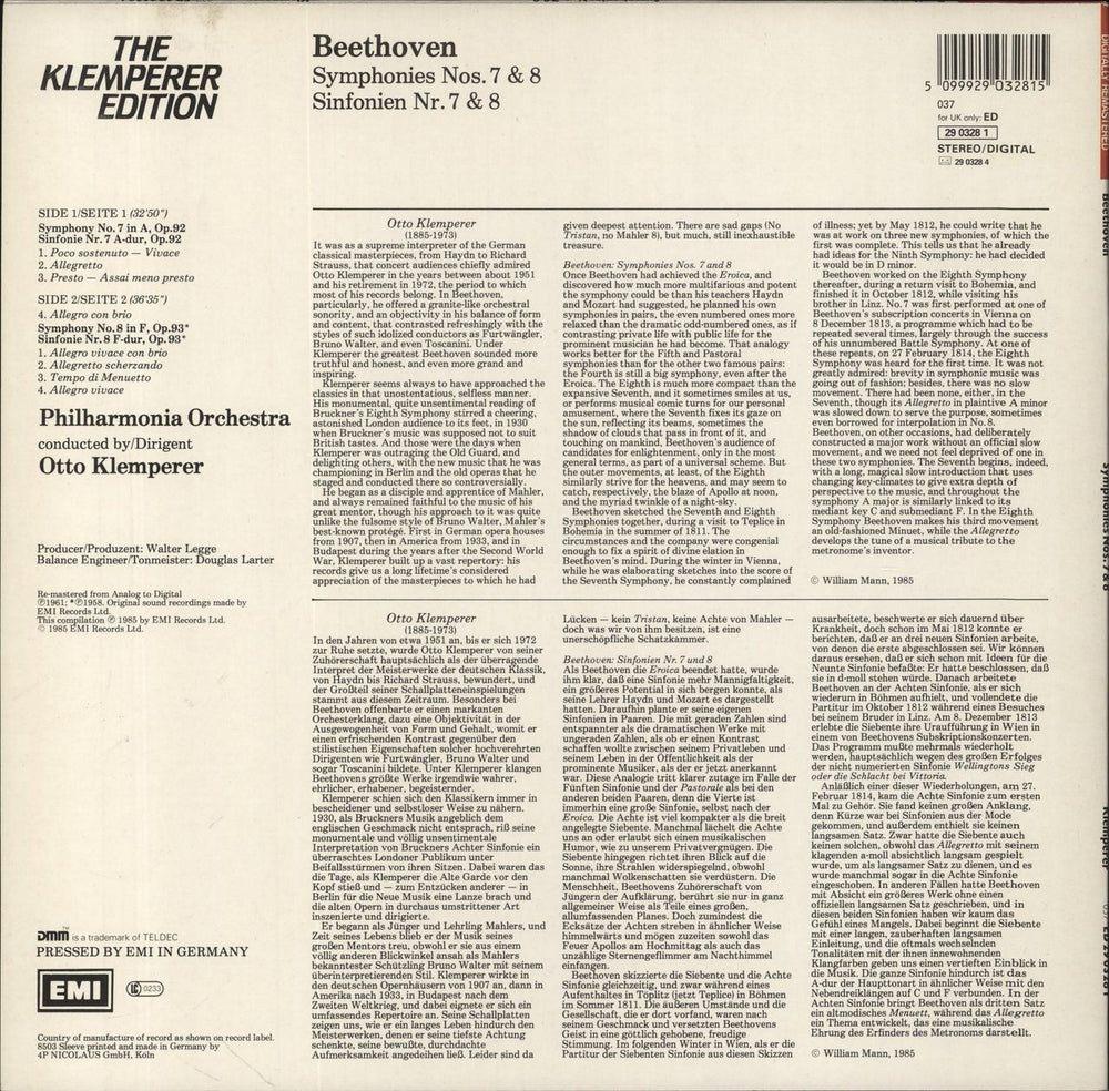 Ludwig Van Beethoven Symphonies Nos. 7 & 8 UK vinyl LP album (LP record) 5099929032815