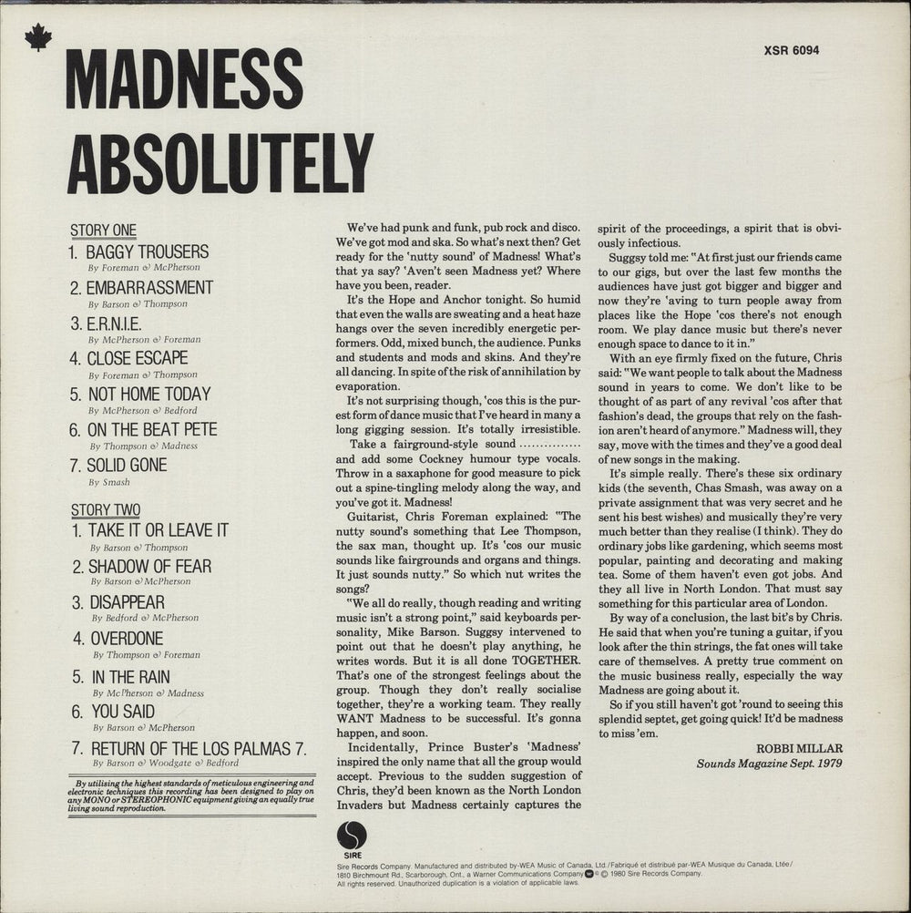 Madness Absolutely Canadian vinyl LP album (LP record)