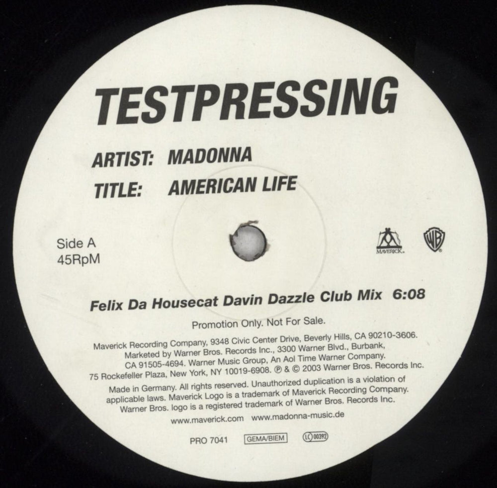 Madonna American Life Test Pressing - EX German Promo 12" vinyl single (12 inch record / Maxi-single) PRO7041