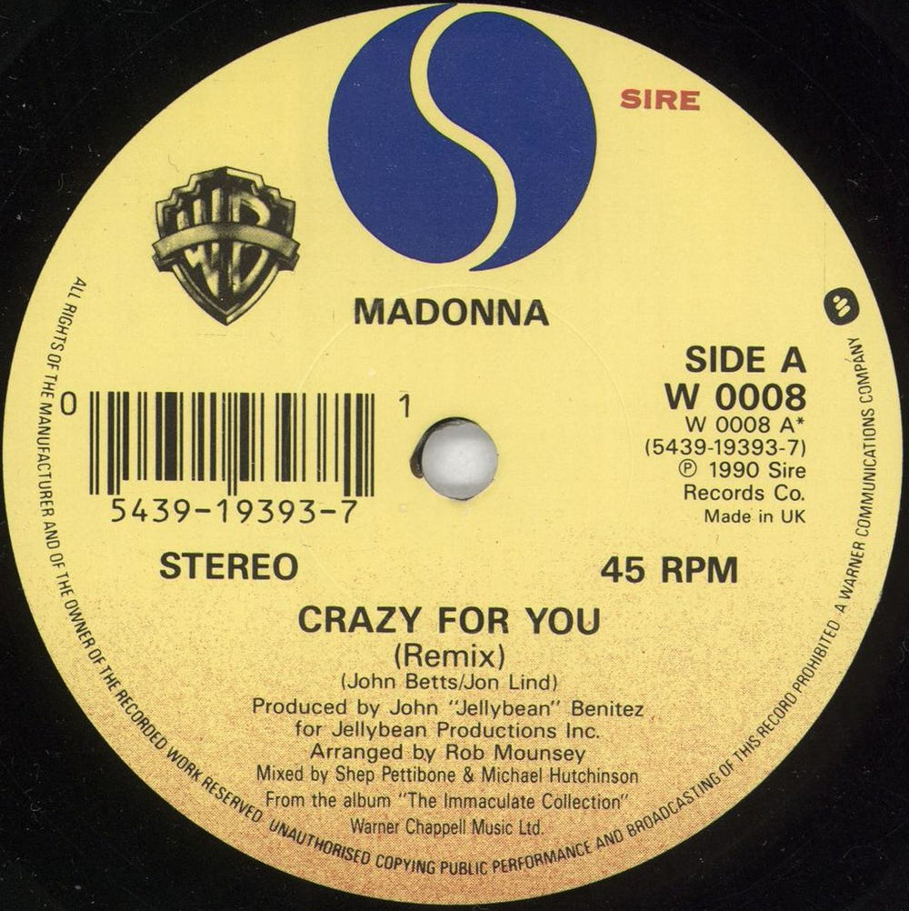 Madonna Crazy For You UK 7" vinyl single (7 inch record / 45) MAD07CR31791