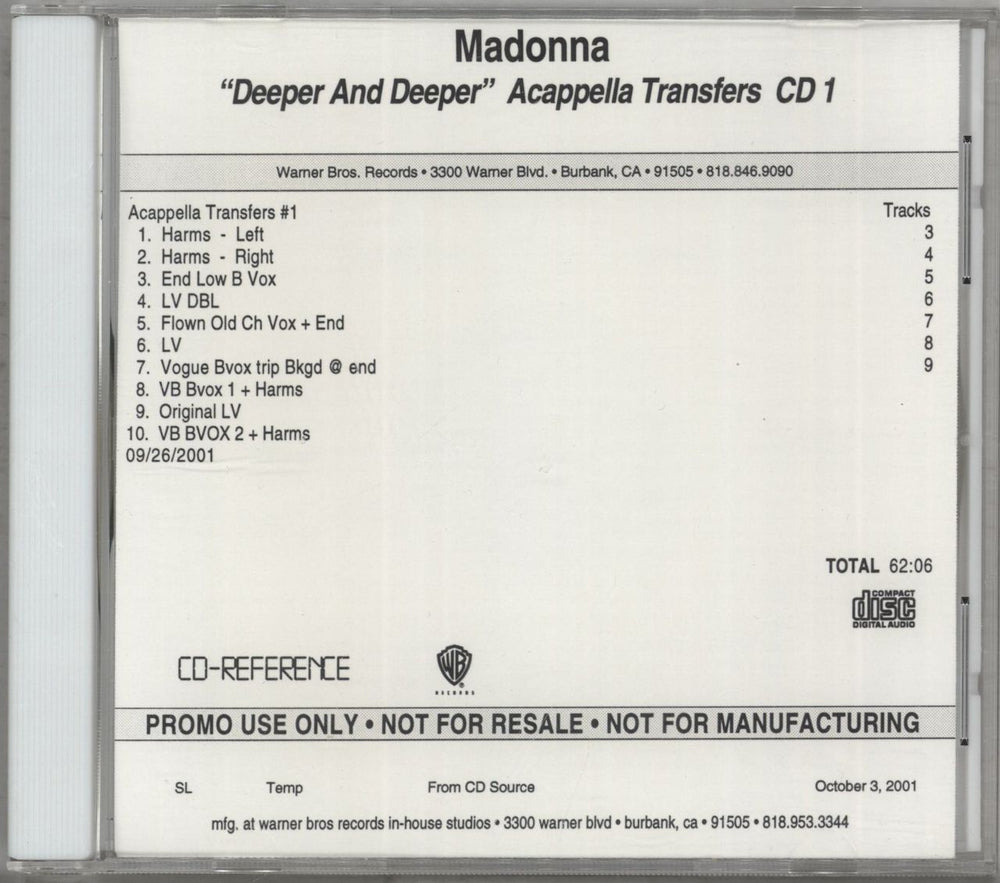Madonna Deeper And Deeper Acappella Transfers CD1 US Promo CD-R acetate CD-R