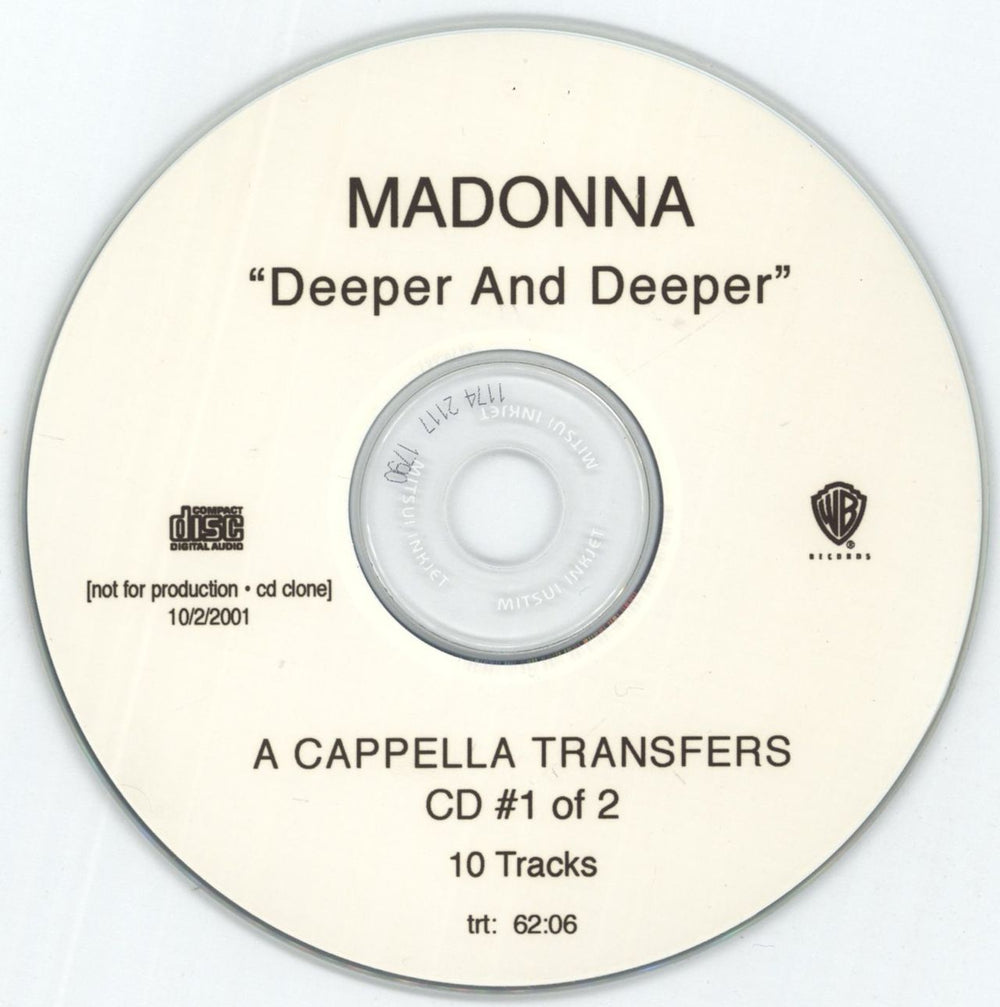 Madonna Deeper And Deeper Acappella Transfers CD1 US Promo CD-R acetate MADCRDE202131