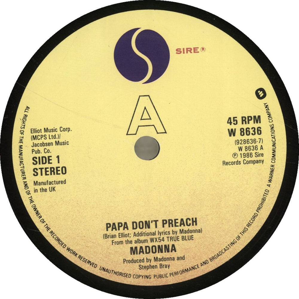 Madonna Papa Don't Preach - Solid - Glossy Sleeve UK 7" vinyl single (7 inch record / 45) MAD07PA05378