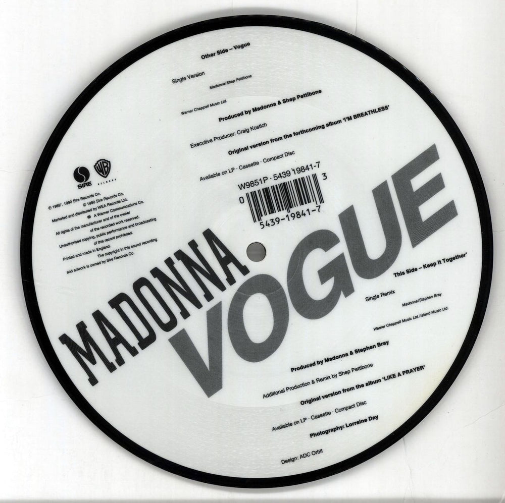 Madonna Vogue UK 7" vinyl picture disc (7 inch picture disc single) MAD7PVO683440