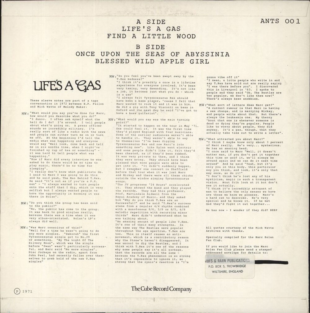 Marc Bolan Life's A Gas UK 12" vinyl single (12 inch record / Maxi-single)