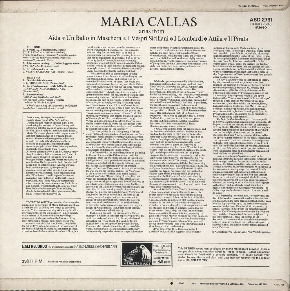 Maria Callas Arias from Aida, Un Ballo in Maschere, I Vespri Siciliani... UK vinyl LP album (LP record)