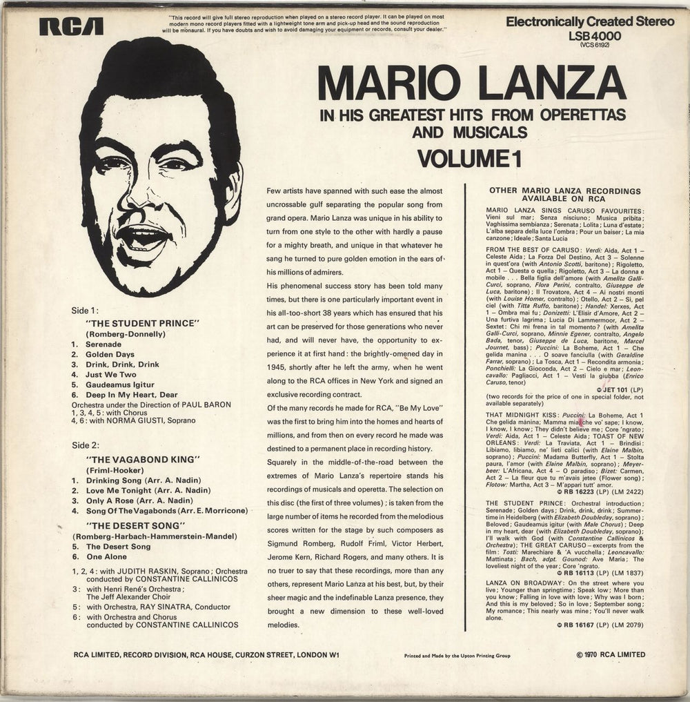 Mario Lanza In His Greatest Hits From Operettas And Musicals Volume 1 UK vinyl LP album (LP record)