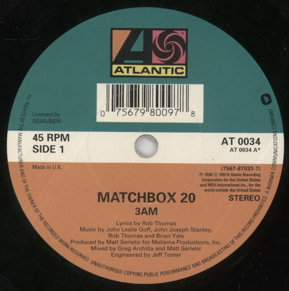 Matchbox 20 3am UK 7" vinyl single (7 inch record / 45) MBX07AM160314