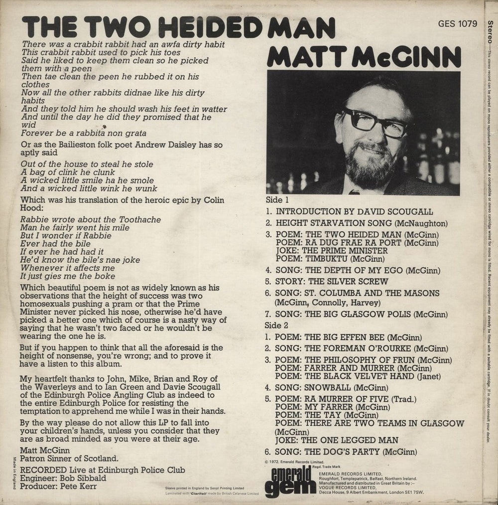 Matt McGinn The Two Heided Man UK vinyl LP album (LP record)