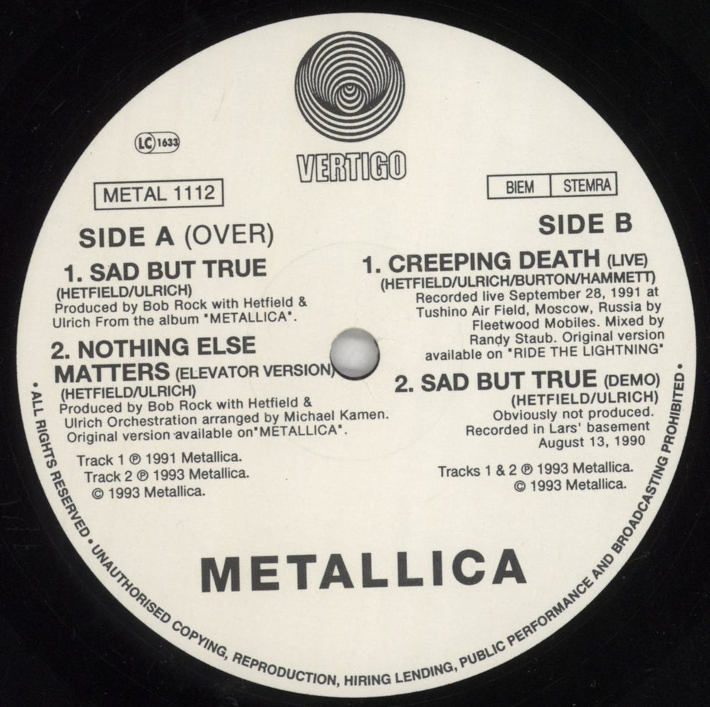 Metallica Sad But True - EX UK 12" vinyl single (12 inch record / Maxi-single) MET12SA854388