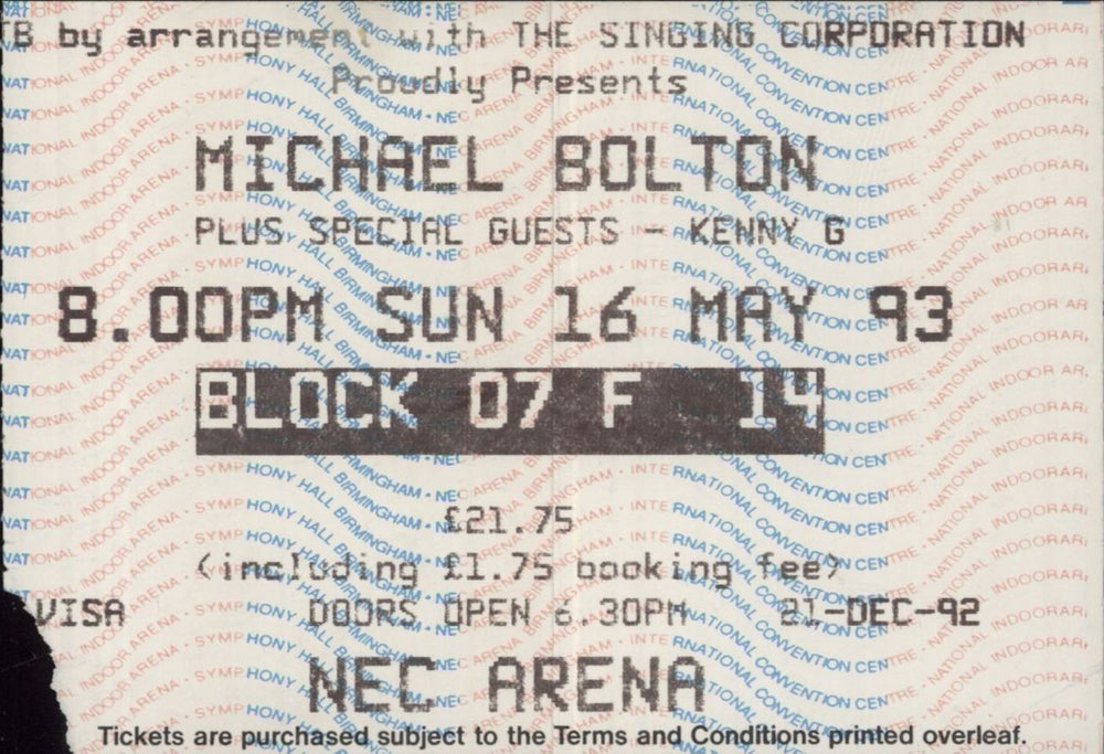 Michael Bolton Time, Love & Tenderness Tour - Ticket Stub UK tour programme