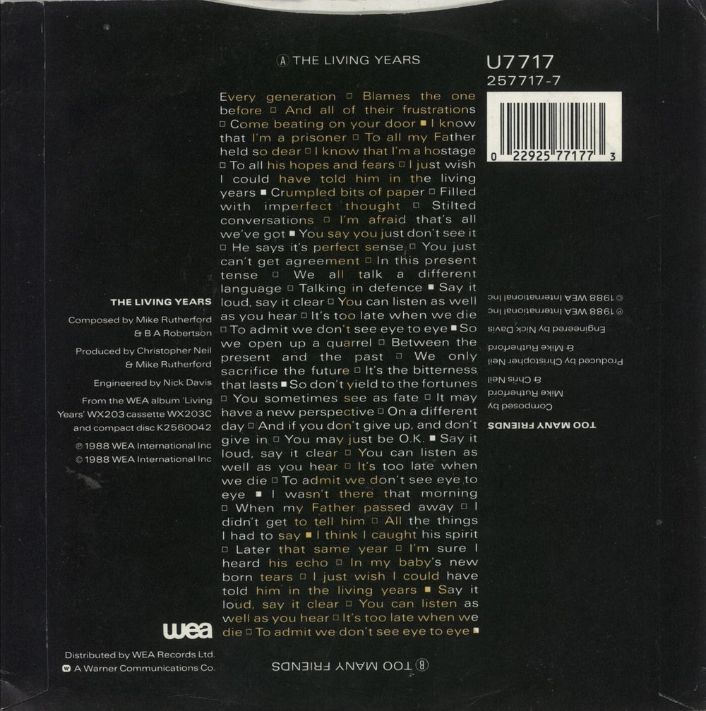 Mike & The Mechanics The Living Years UK 7" vinyl single (7 inch record / 45) 022925771773