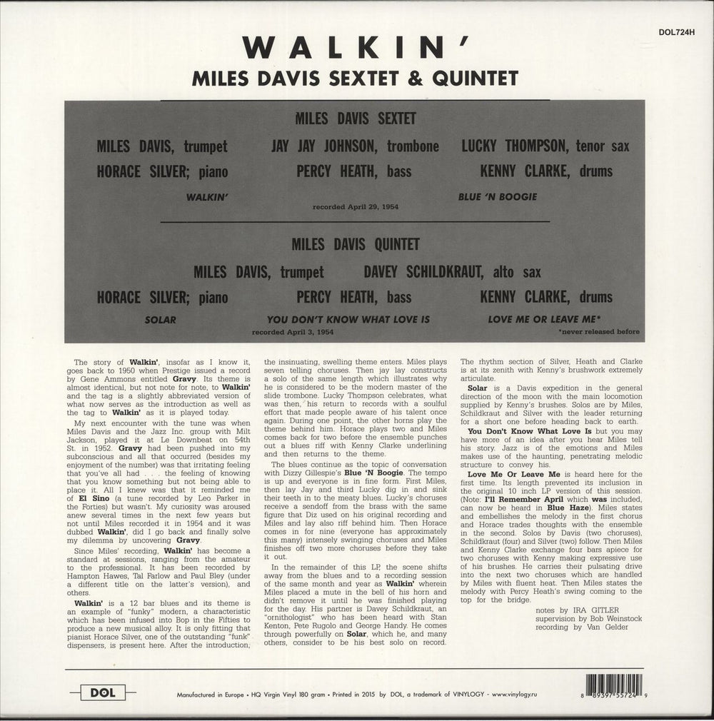 Miles Davis Walkin' - 180 Gram - EX UK vinyl LP album (LP record) 889397557249