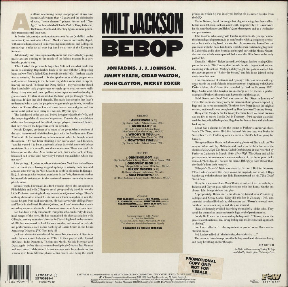 Milt Jackson Bebop German vinyl LP album (LP record) 075679099112