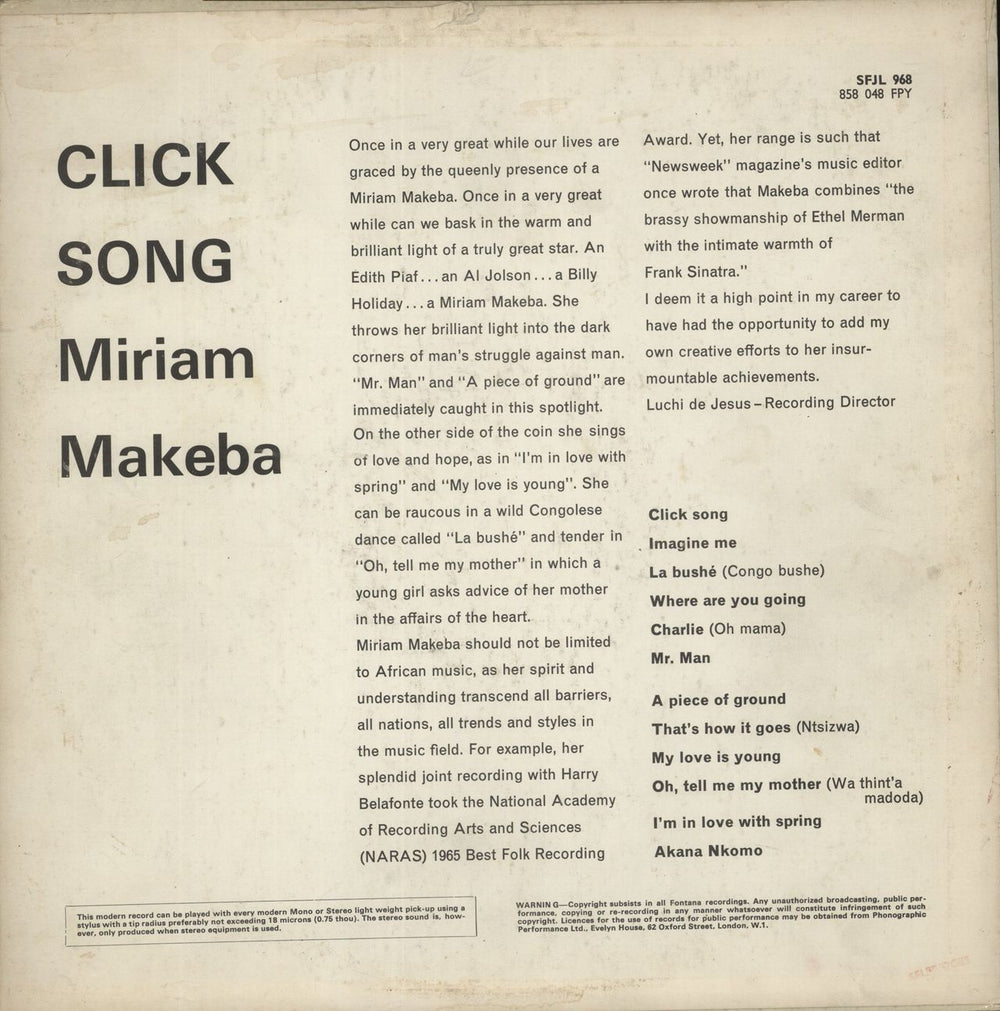Miriam Makeba Click Song UK vinyl LP album (LP record)
